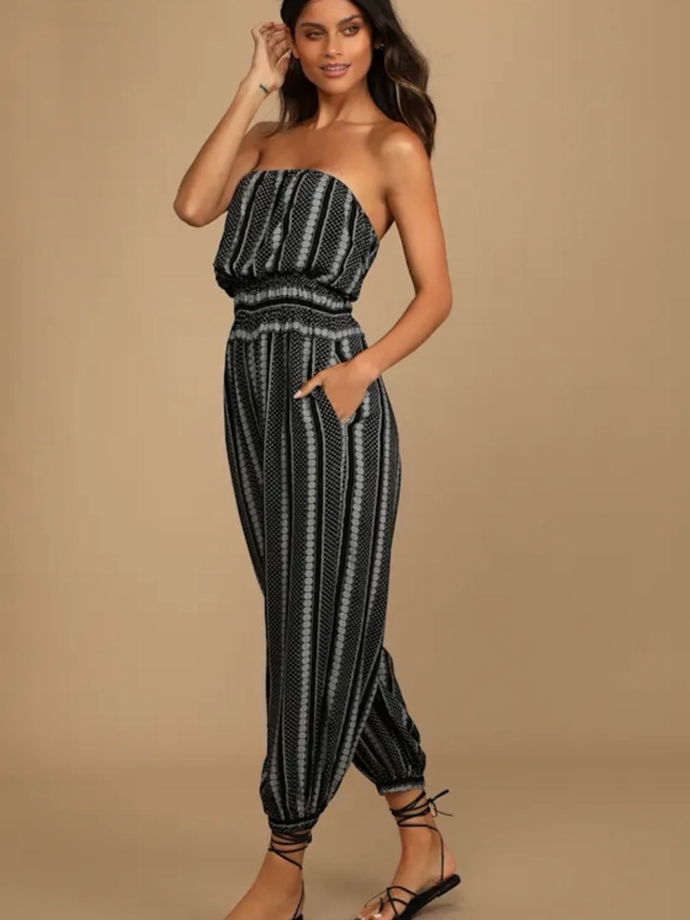 Strapless Black & Gray Patterned Jumpsuit